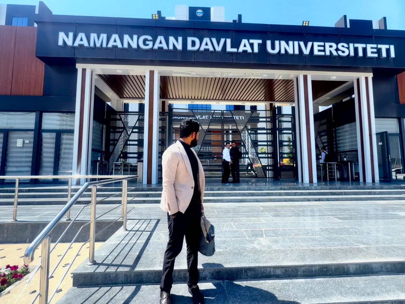 Dr. Ravi reviewing the Namangan State University Faculty of Medicine campus during his on-ground university visit.